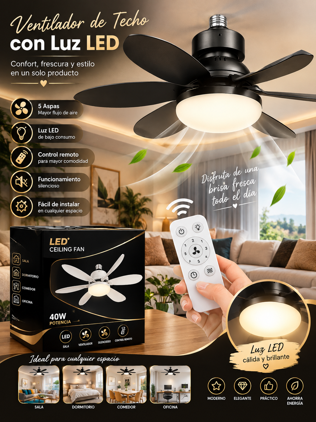 Lampara Luz Ventilador Techo✨