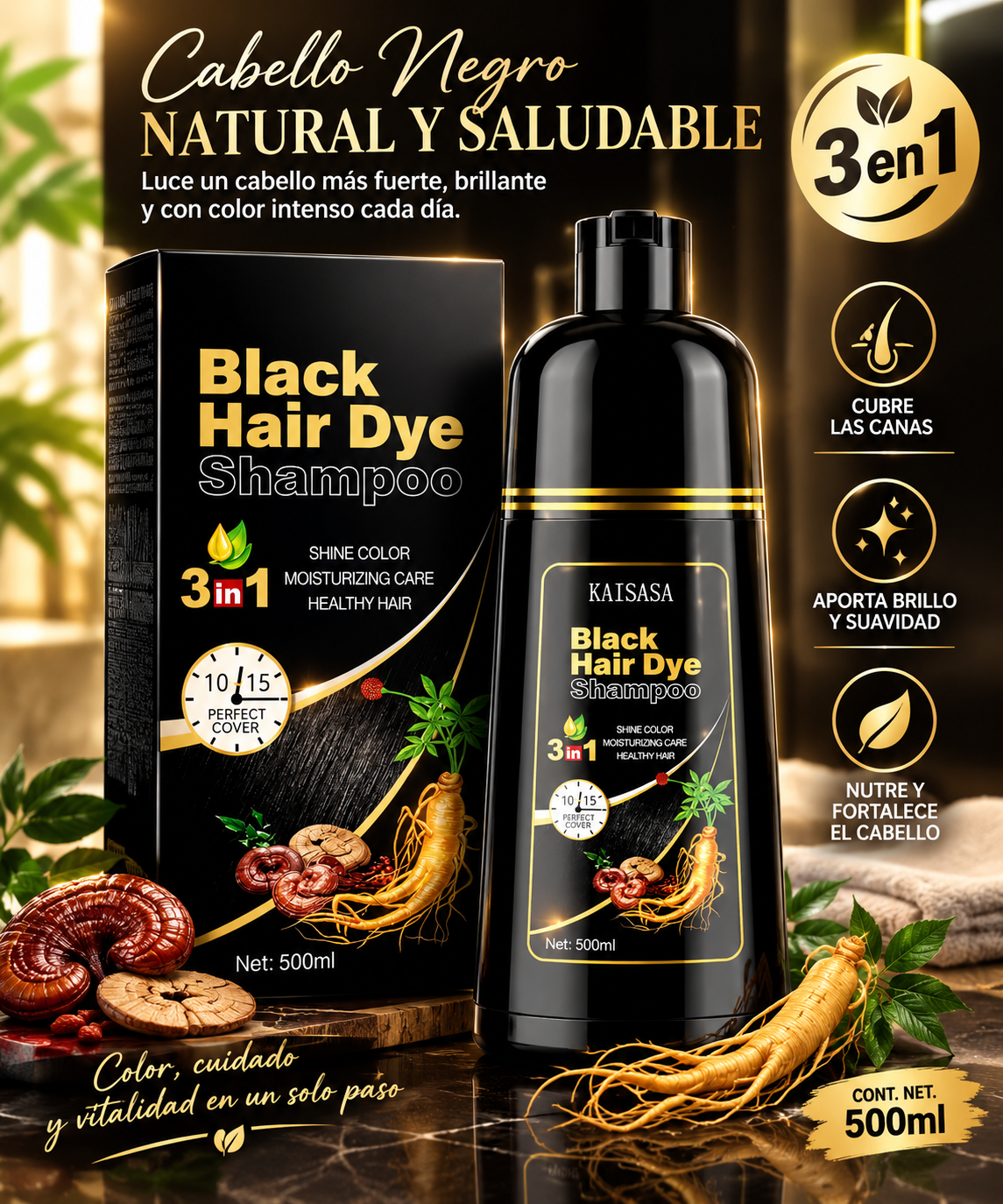 Shampo Tinte Negro Elimina Canas 500 Ml
